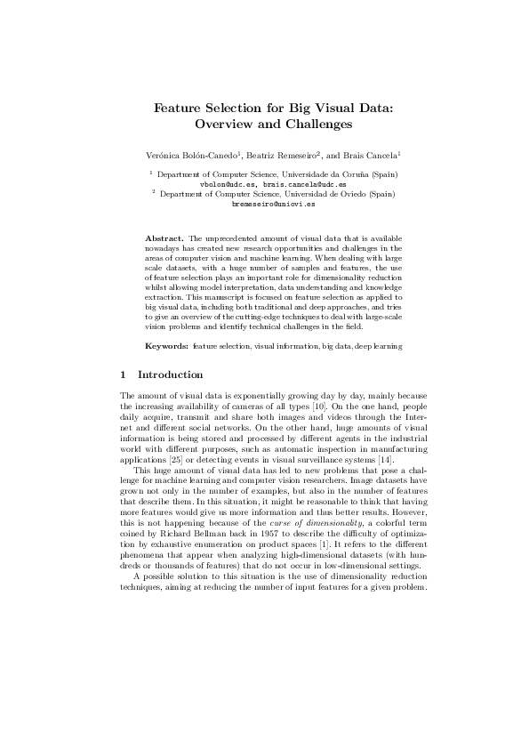 (PDF) Feature Selection for Big Visual Data: Overview and Challenges
