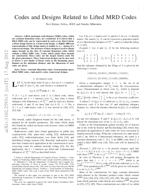 (PDF) Codes and Designs Related to Lifted MRD Codes