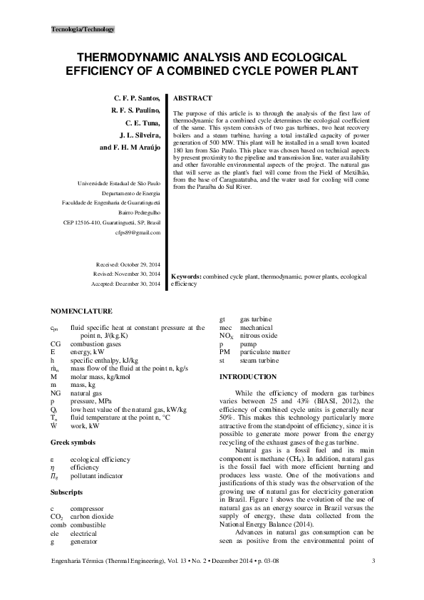 (PDF) Thermodynamic Analysis and Ecological Efficiency of a Combined ...