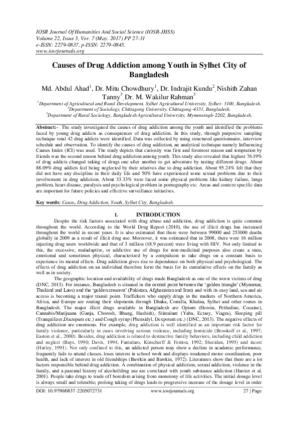 (PDF) Causes of Drug Addiction among Youth in Sylhet City of Bangladesh