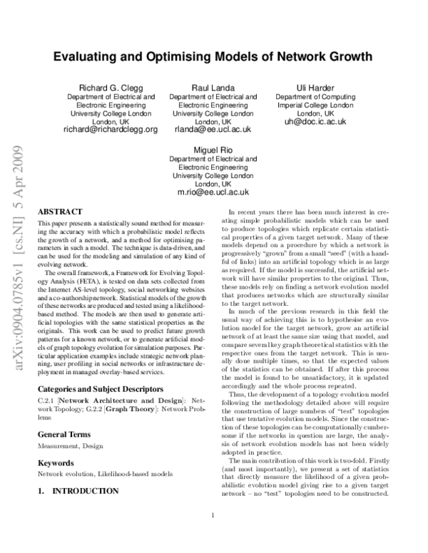 (PDF) Evaluating and Optimising Models of Network Growth