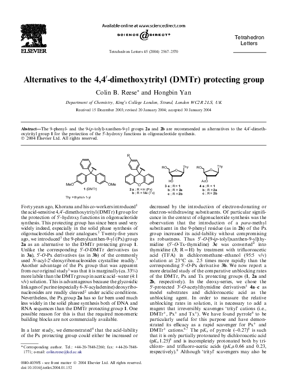 (PDF) Alternatives to the 4,4′-dimethoxytrityl (DMTr) protecting group