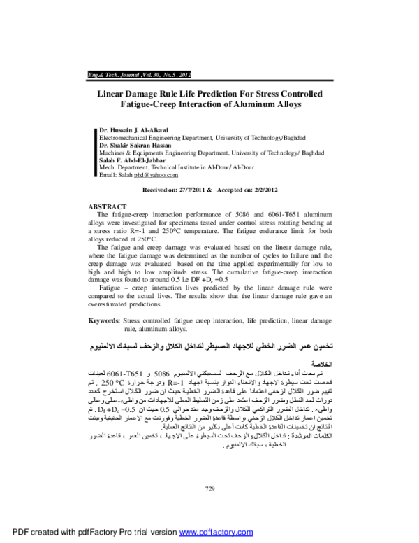 (PDF) Linear Damage Rule Life Prediction For Stress Controlled Fatigue ...