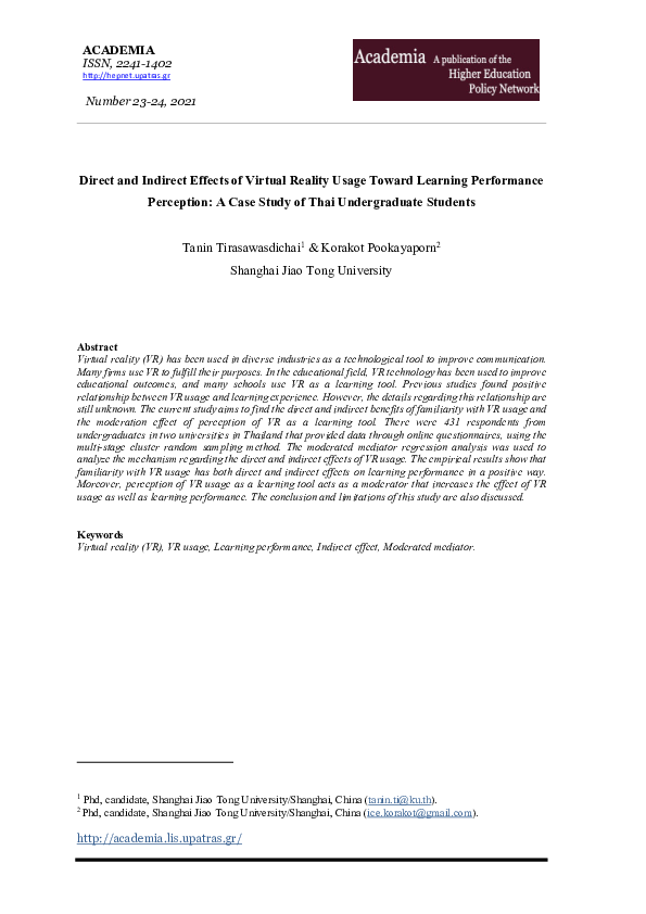(PDF) Direct and Indirect Effects of Virtual Reality Usage Toward ...