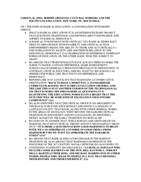 (DOC) Notes on Henry Giroux's Border Crossings (1992) James Jupp
