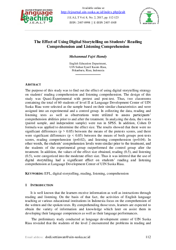 (PDF) The Effect of Using Digital Storytelling on Students' Reading ...