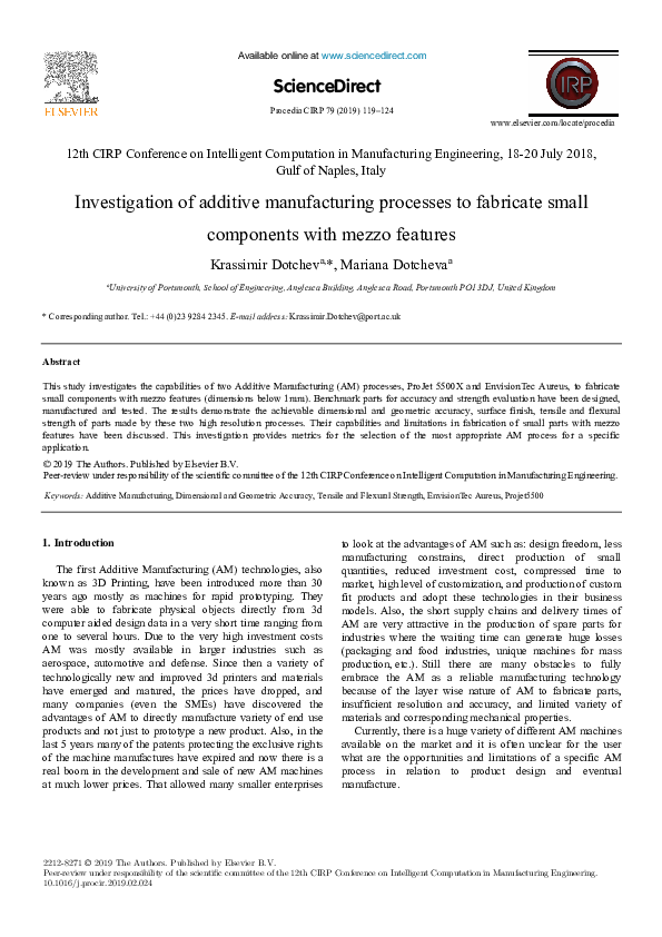 (PDF) Investigation of Additive Manufacturing Processes for the ...