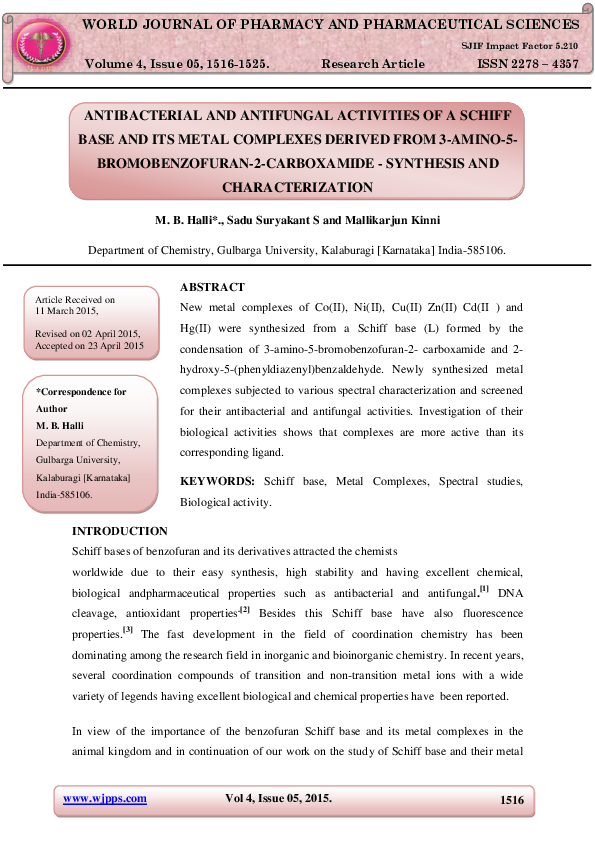 (PDF) Antibacterial and Antifungal Activities of a Schiff Base and Its ...