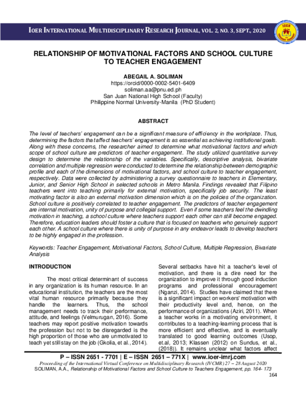 (PDF) Relationship of Motivational Factors and School Culture to ...