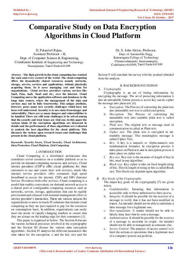 (PDF) Comparative Study on Data Encryption Algorithms in Cloud Platform