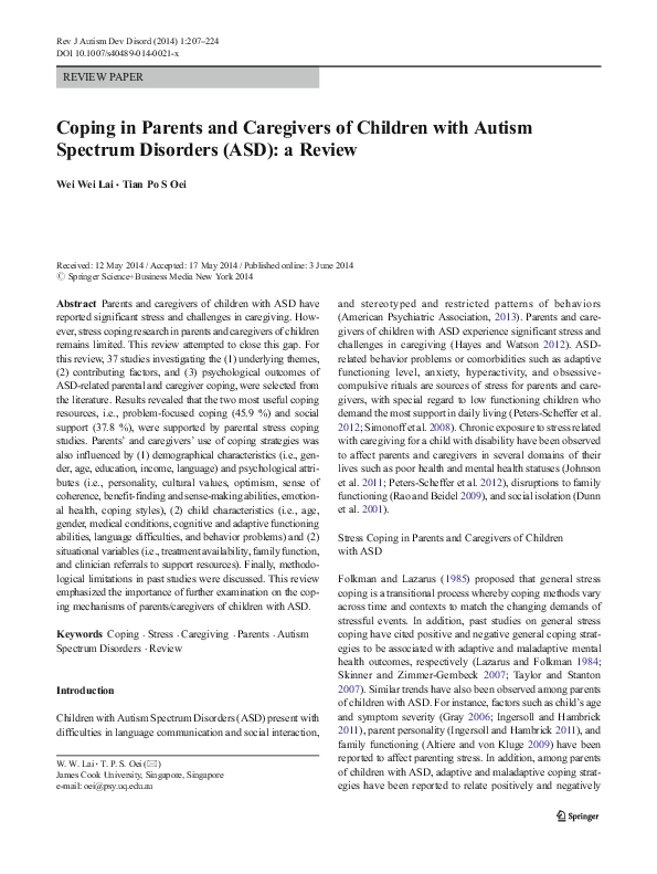 (PDF) Coping in Parents and Caregivers of Children with Autism Spectrum ...