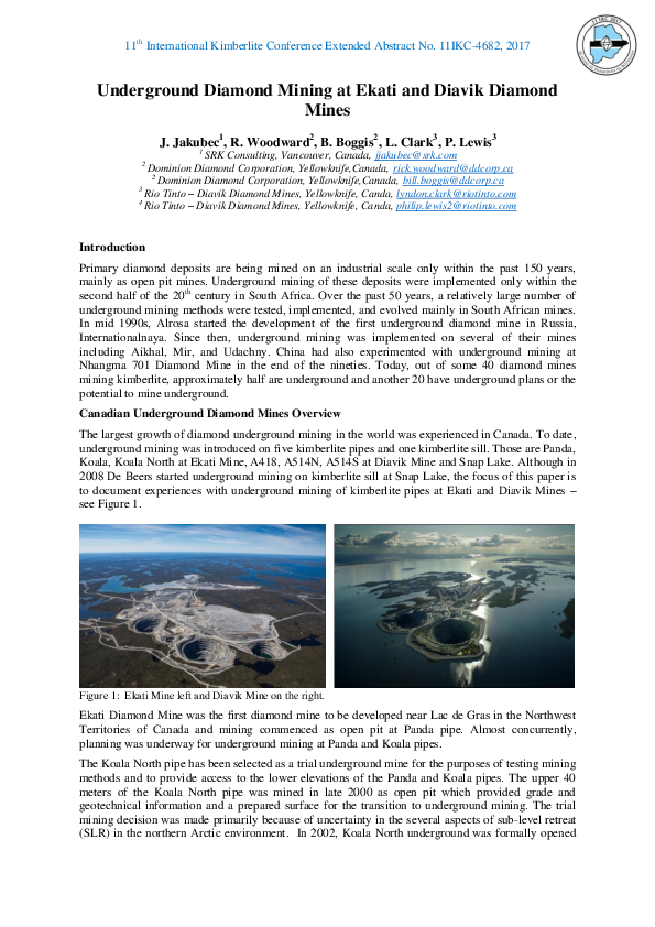 (PDF) Underground diamond mining at Ekati and Diavik diamond mines