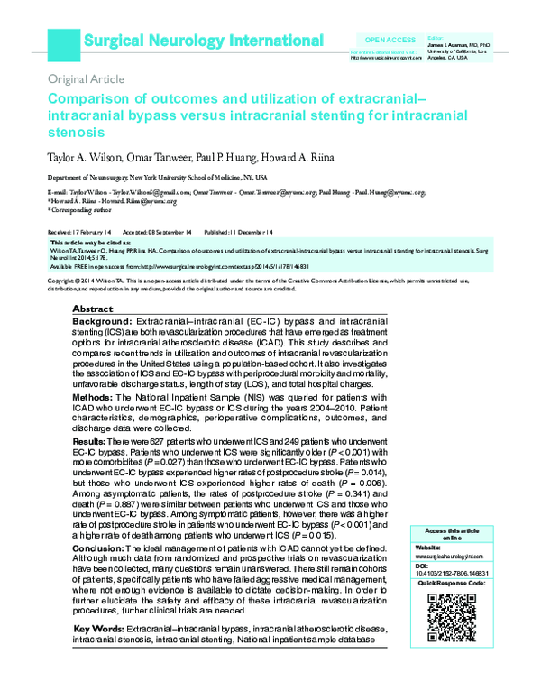 (PDF) Comparison of outcomes and utilization of extracranial ...
