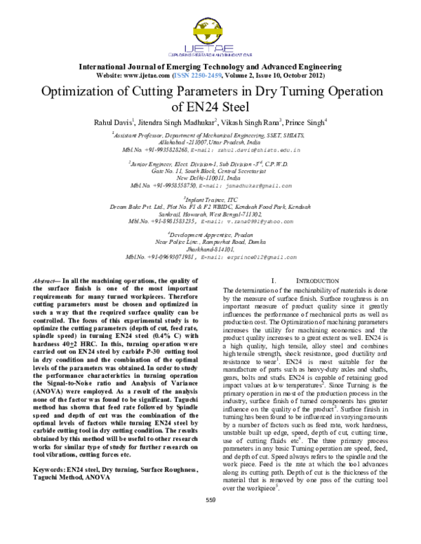 (PDF) Optimization of Cutting Parameters in Dry Turning Operation