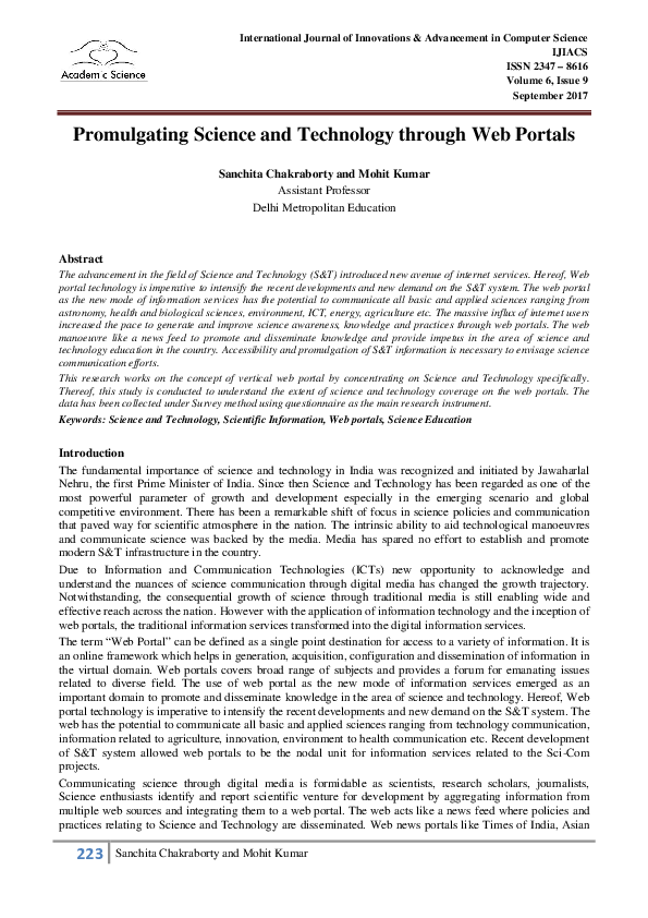 (PDF) Promulgating Science and Technology through Web Portals