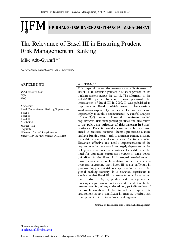 (PDF) The Relevance of Basel III in Ensuring Prudent Risk Management in ...