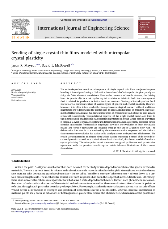 (PDF) Bending of single crystal thin films modeled with micropolar ...