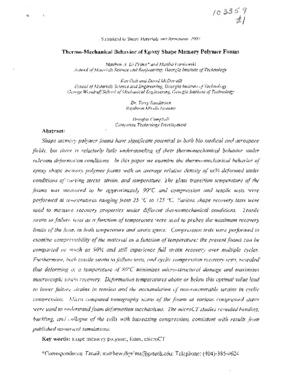 (PDF) Thermo-mechanical behavior of epoxy shape memory polymer foams