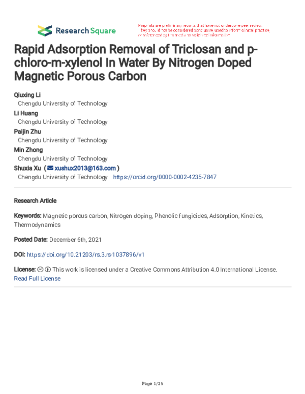 (PDF) Rapid Adsorption Removal of Triclosan and p-chloro-m-xylenol In ...