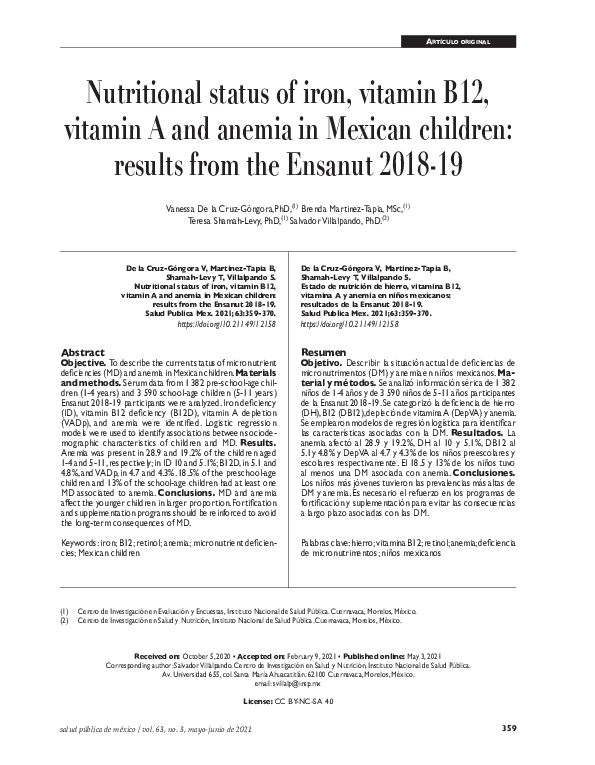 (PDF) Nutritional status of iron, vitamin B12, vitamin A and anemia in ...