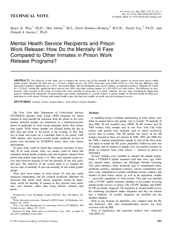 (PDF) Mental Health Service Recipients and Prison Work Release: How Do ...