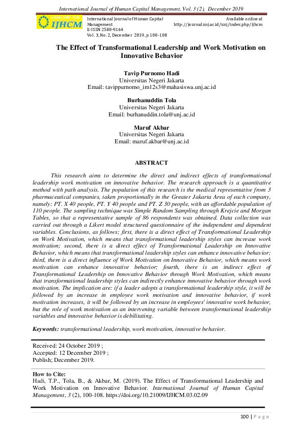 (PDF) The Effect of Transformational Leadership and Work Motivation on ...
