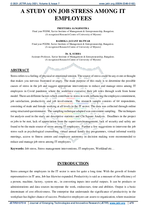 (PDF) A Study on Job Stress Among It Employees