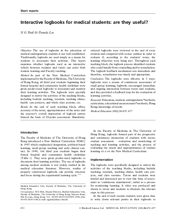 (PDF) Interactive logbooks for medical students are they useful? NG