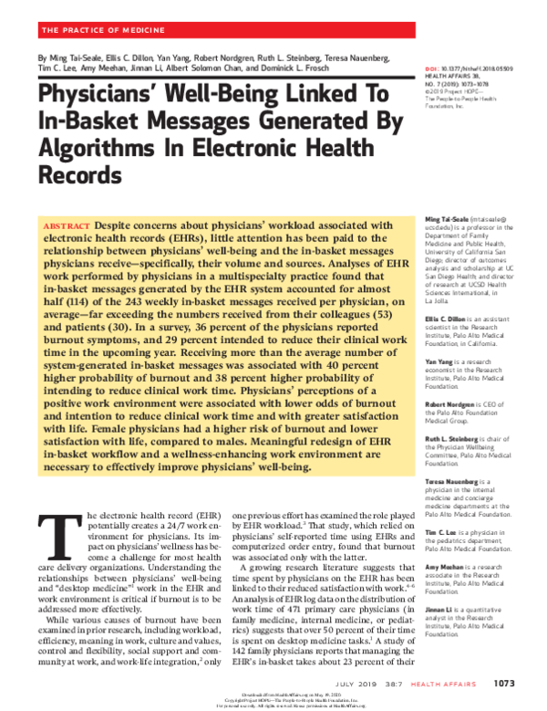 (PDF) Physicians’ Well-Being Linked To In-Basket Messages Generated By ...