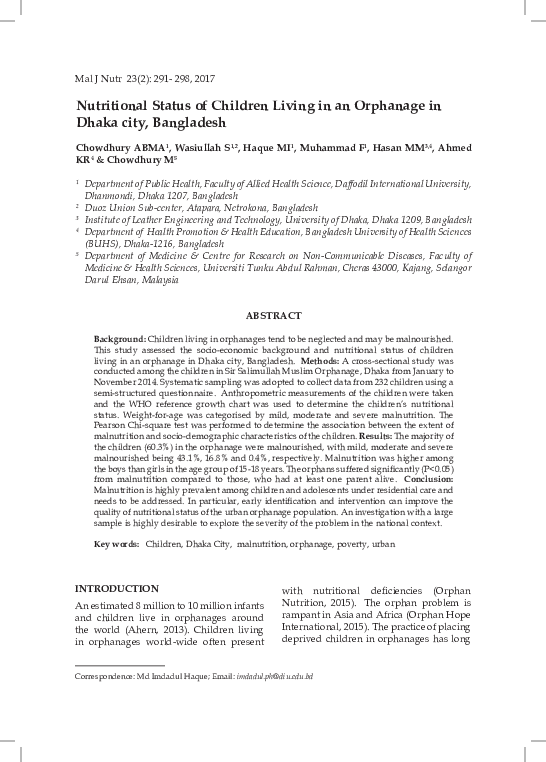 (PDF) Nutritional Status of Children Living in an Orphanage in Dhaka ...