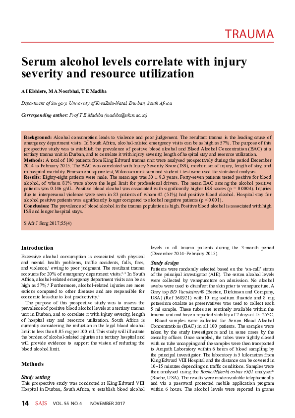 (PDF) Serum alcohol levels correlate with injury severity and resource ...