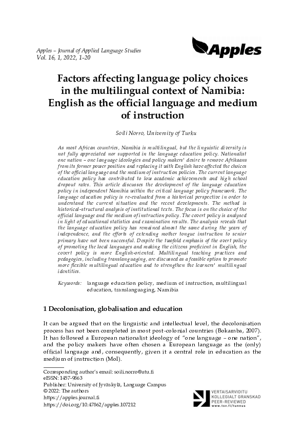 (PDF) Factors affecting language policy choices in the multilingual ...