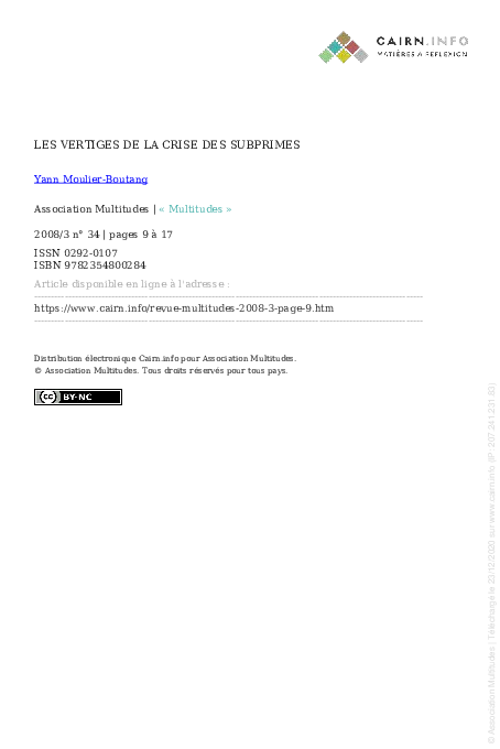 (PDF) Les vertiges de la crise des subprimes
