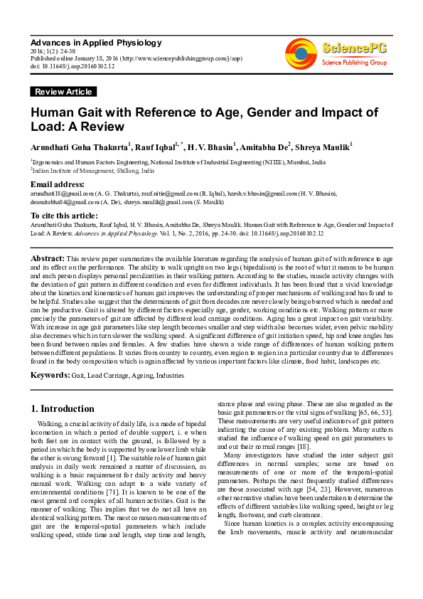 (PDF) Human Gait with Reference to Age, Gender and Impact of Load: A Review
