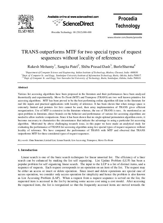 (PDF) TRANS Outperforms MTF for Two Special Types of Request Sequence ...