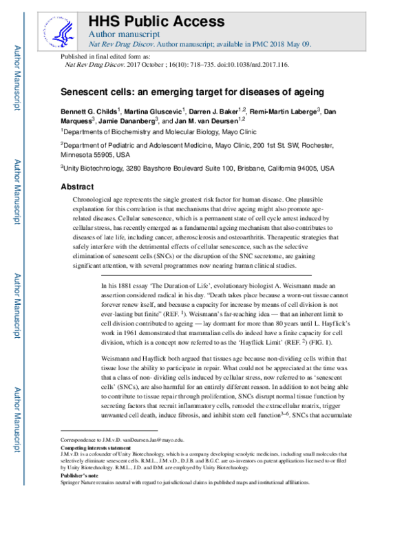 (PDF) Senescent cells: an emerging target for diseases of ageing