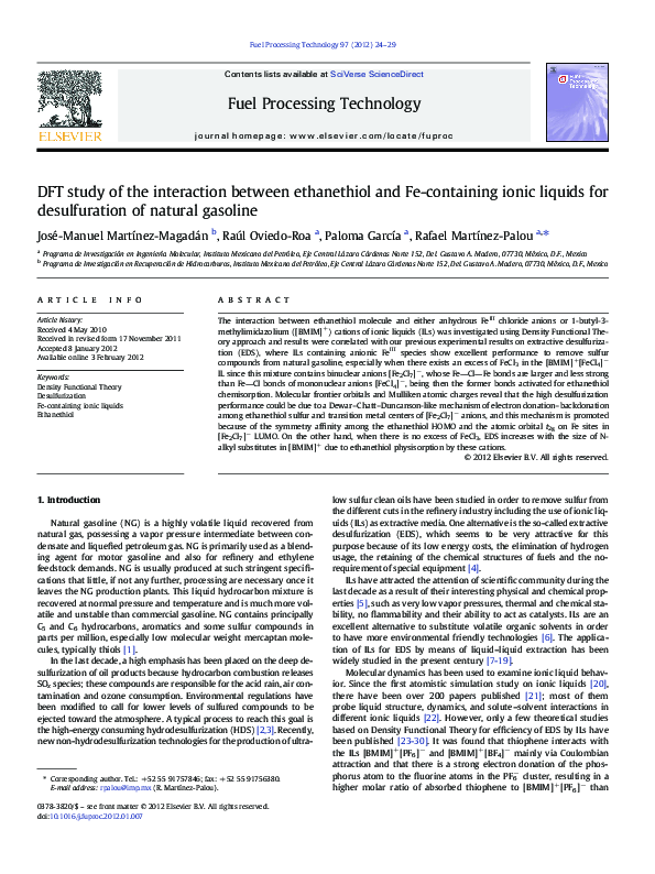 DFT study of the interaction between ethanethiol and Fe-containing ionic liquids for desulfuration of natural gasoline
