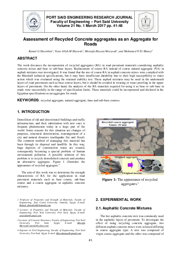 (PDF) Assessment of recycled concrete aggregates as a pavement material