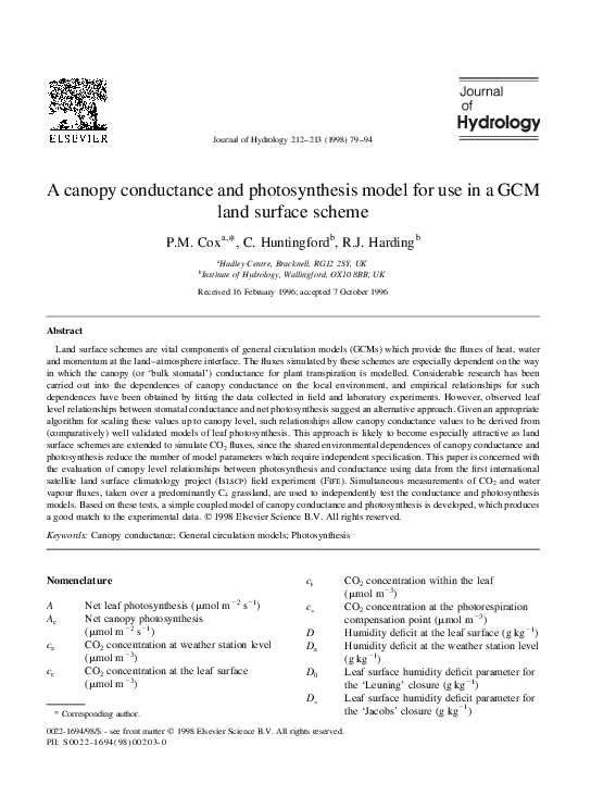 (PDF) A canopy conductance and photosynthesis model for use in a GCM ...