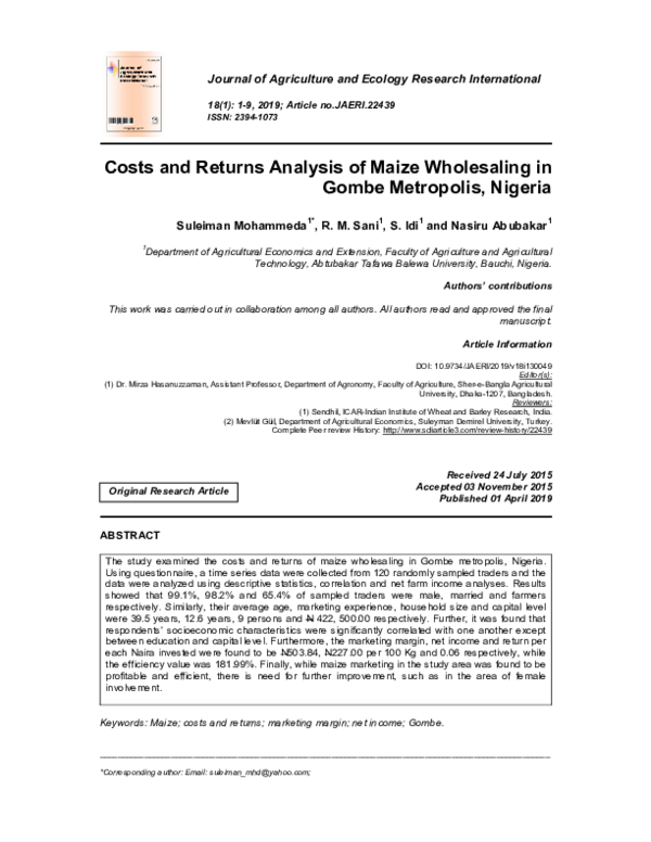 (PDF) Costs and Returns Analysis of Maize Wholesaling in Gombe ...