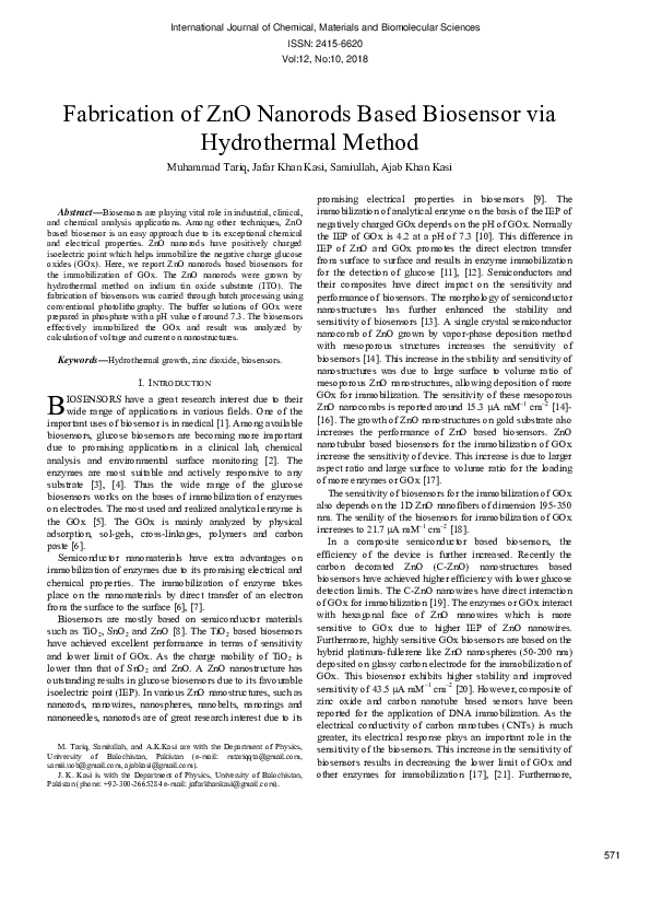 (PDF) Fabrication Of Zno Nanorods Based Biosensor Via Hydrothermal Method