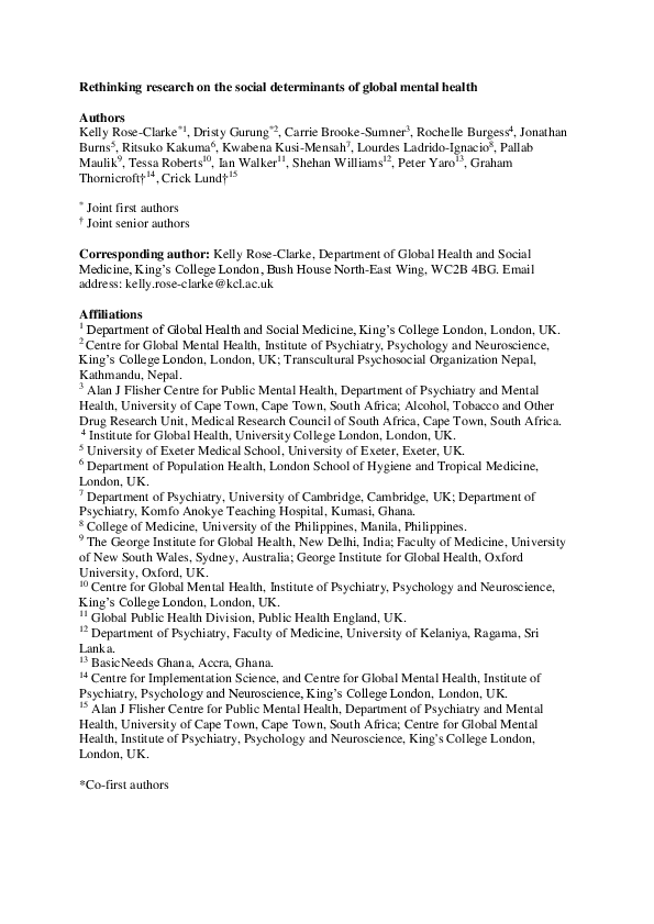 (PDF) Rethinking research on the social determinants of global mental ...