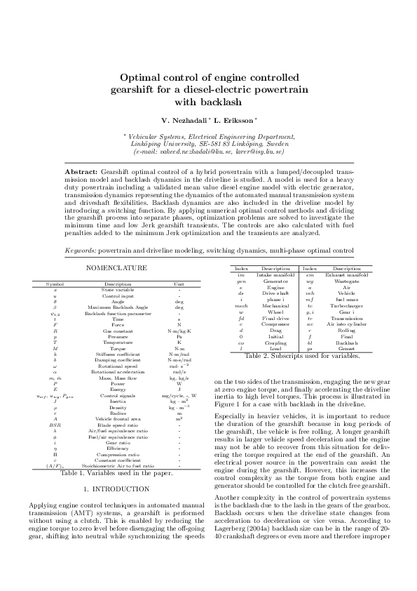 (PDF) Optimal control of engine controlled gearshift for a diesel ...