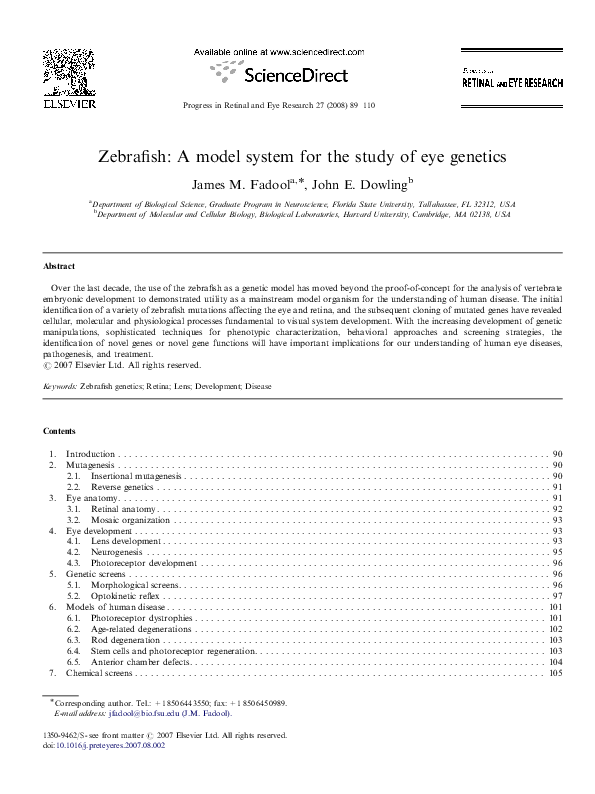 (PDF) Zebrafish: A model system for the study of eye genetics