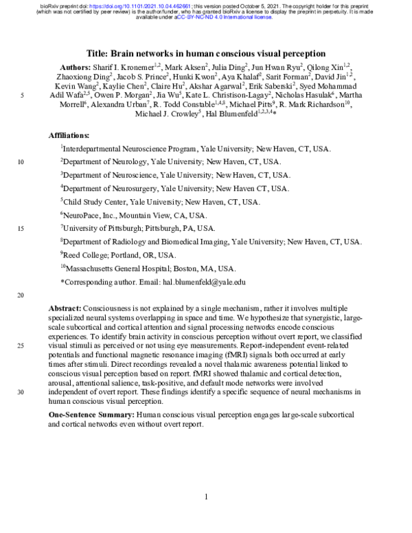 (PDF) Brain networks in human conscious visual perception
