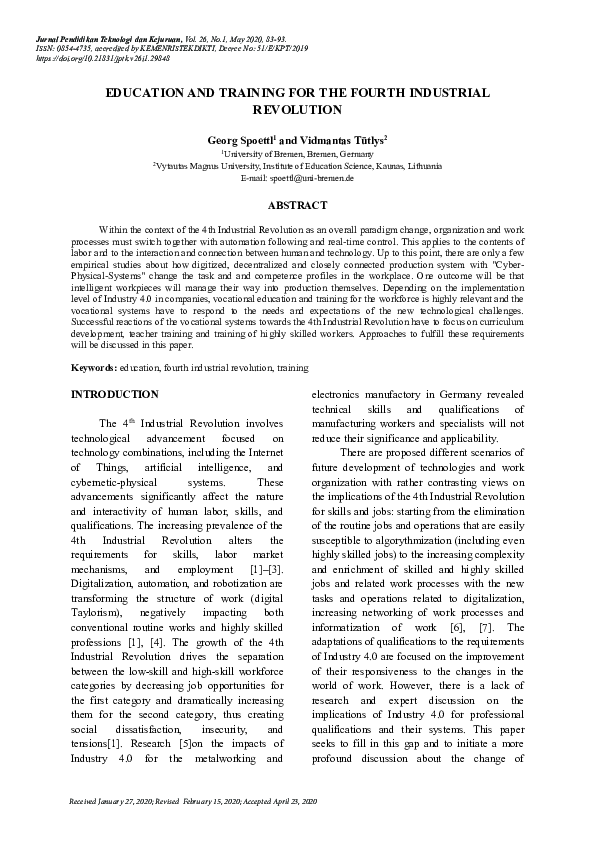 (PDF) Education and Training for the Fourth Industrial Revolution