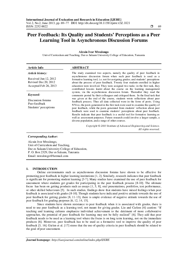 (PDF) Peer Feedback: Its Quality and Students’ Perceptions as a Peer ...