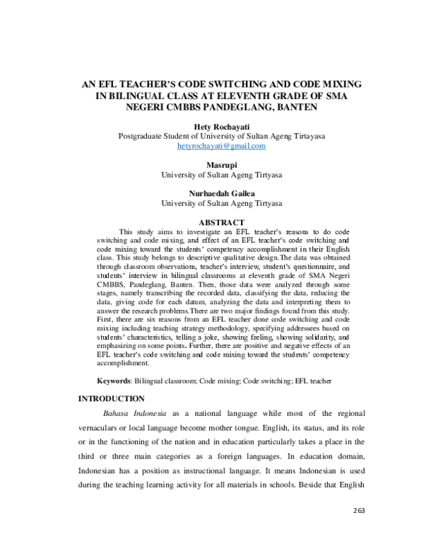 (PDF) An Efl Teacher’s Code Switching and Code Mixing in Bilingual ...