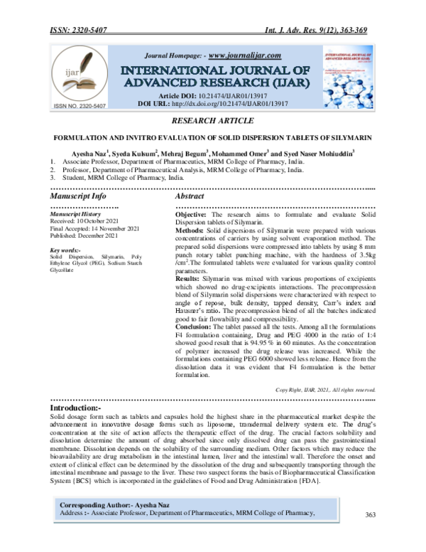 (PDF) Formulation and Invitro Evaluation of Solid Dispersion Tablets of ...