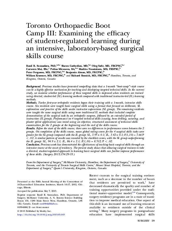 (PDF) Toronto Orthopaedic Boot Camp III Examining the efficacy of